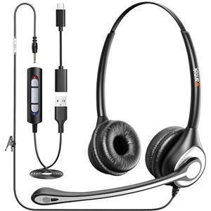 Wantek Cuffie con Microfono, 3.5mm/USB/Type-C Cuffie con Microfono di cancellazione del rumore per Computer Portatili Tablet Smartphone Conferenze Online, Nero, Binaurali