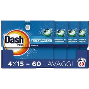 Dash Pods Detersivo In Capsule, 60 (4x15) Lavaggi, Classico, Rimuove Le Macchie, Igienizza, Brillantezza Per I Capi