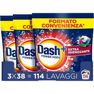 Dash Power Pods Detersivo Lavatrice In Capsule, 114 Lavaggi (38x3) Extra Igienizzante, Pulizia profonda contro sporco e batteri, Pulizia Impeccabile