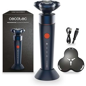 Cecotec Rasoio Elettrico Rotativo PrecisionCare Aluminium Premium. Motore Brushless, Funzione Turbo, Auton 45min, Display Digitale, Base di Ricarica, Custodia da Viaggio, IPX7 per Rasatura Precisa