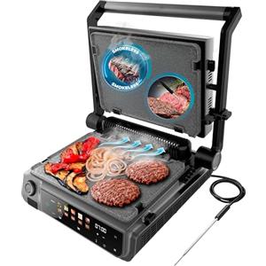 Cecotec Griglia elettrica con Grill Rock'nGrill 2000 Smash PerfectCook. 2000 W, Sonda Temp, Smash Burger, Smokeless, Dual Temp, Raccoglitori, piastre reversibili, superficie 30 x 21 cm, acciaio
