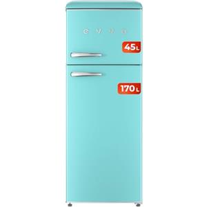 EVVO Frigorifero 2 ante F45 Retro Blu Pastello, frigorifero 170 litri, congelatore 45 litri, design vintage, cassetto Crisper Zone, privo di gas CFC, silenzioso (Blu pastello)