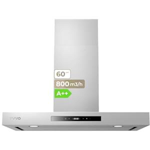EVVO Cappa aspirante 60 cm larghezza decorativa, finitura inox, potenza 800 m³/h, filtri in alluminio e carbone attivo, controllo tattile e gestale, efficienza energetica A++, CE32 Inox
