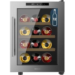 Cecotec Cantinetta Bolero GrandSommelier 1255 CoolWood E. Capacità 12 Bottiglie, Ripiani in Legno, Controllo Tattile, Temperatura 8 a 18ºC, Acciaio Inox