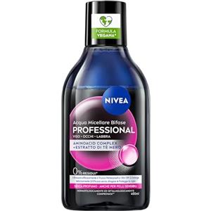 NIVEA Acqua Micellare Bifase Professional 400 ml, Struccante viso e occhi e labbra waterproof, Struccante bifasico e detergente viso con Estratto di Tè Nero, Senza profumo, Anche per pelli sensibili