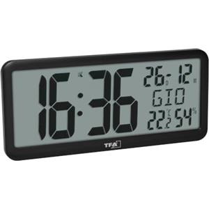 TFA Dostmann Orologio da parete moderno, 60.4525.01, digitale, radicontrollato, grande, con temperatura ambiente, data e giorno della settimana (anche in italiano), da cucina, ufficio, soggiorno, nero