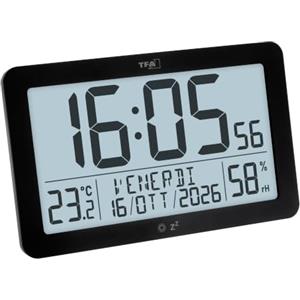 TFA Dostmann Orologio da parete radiocontrollato digitale, indicatore della temperatura ambiente, 60.2568.01, ampio display, indicazione del giorno della settimana e della data, funzione sveglia, nero