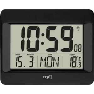 TFA Dostmann Orologio da parete digitale, 60.4519.01, radiocontrollato con temperatura, giorno della settimana (8 lingue) anche italiano, data, orologio da cucina, nero, plastica