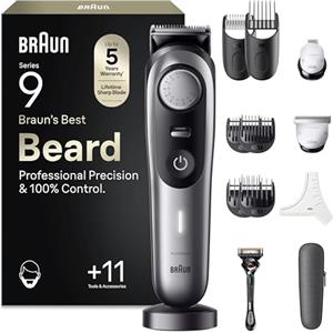 Braun Serie 9 Regolabarba Uomo, 11 Strumenti Barba, Custodia, BT9440 Grigio