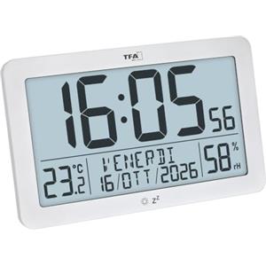 TFA Dostmann Orologio da parete moderno, radiocontrollato digitale, temperatura ambiente, umidità, 60.2568.02, grande, indicazione del giorno, della settimana, della data, funzione sveglia, bianco