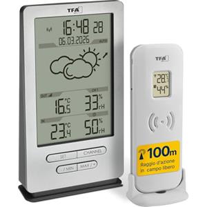 TFA Dostmann stazione meteo con sensore esterno Xena, 35.1162.54, wireless, comfort del clima interna, previsioni del tempo, orologio con data completa, argento