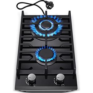 TopStrong Piano cottura 2 fuochi gas, TopStrong 30 cm Piano cottura, Fornello a Gas Butano con Bruciatore Wok, GPL/Gas naturale, Valvole di Sicurezza, Supporto in Ghisa, Vetro Temperato Nero, Incasso, 5200 Watt