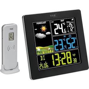 TFA Dostmann Stazione meteo con sensore esterno SUN2 digitale, 35.1174, per temperatura interna ed esterna, ampio display a colori, con clima interno, incluso orologio radiocontrollato con data