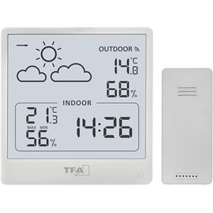 TFA Dostmann Stazione meteo con sensore esterno, 35.1176.02, wireless per interni ed esterni, temperatura e umidità, previsioni meteo con pressione e simboli, digitale, display grande, bianco