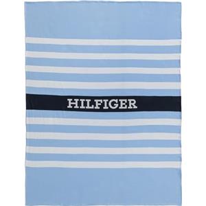 Tommy Hilfiger - Plaid, oxford, celeste, maglia, 100% cotone biologico, righe e logo HILFIGER, grafico e iconico, 130x170 cm