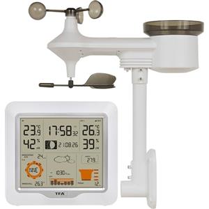TFA Dostmann Stazione meteo con sensore esterno, digitale wireless 5 in 1 con sensore combinato WEATHER ONE, 35.1177, umidità, temperatura, pluviometro, anemometro, barometro, previsioni meteo, bianca