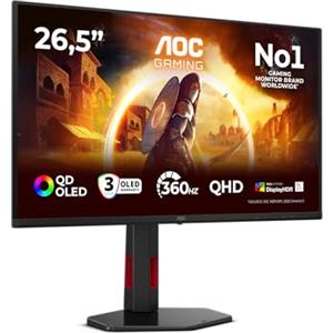 AOC Monitor Q27G4SDR 26.5 pollici, 2560x1440, WQHD, 360Hz, QD-OLED Panel, 0.03ms GtG, USB Hub Height Adjustment, (HDMI2x 2.1 DP 1x 1.4) Adaptive Sync, HDR400 TrueBlack, G-Sync Compatible, Nero
