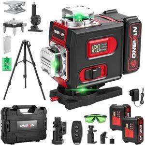 ONEVAN Livella Laser con Treppiede, Autolivellamento, 360° 4D Laser Verde | Autolivellamento ±3°, app e telecomando 30m, display LCD, con 2 batterie da 4800mAh, per montaggi e pavimentazioni