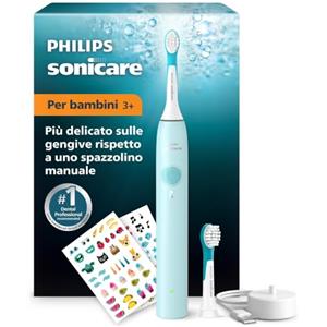 PHILIPS Spazzolino elettrico Philips Sonicare for Kids - Spazzolino sonico per bambini dai 3 anni in su, 2 modalità delicate, timer con audio da 2 minuti, 2 testine mini, verde acqua, modello HX6500/23