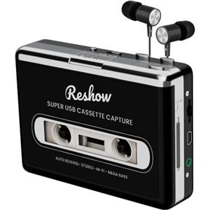 Reshow Lettore di cassette portatile, convertire le cassette in MP3 e registrare musica MP3 tramite USB - nero
