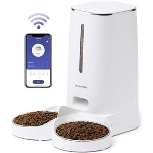 FUKUMARU Distributore Automatico Cibo Gatti, 4L Distributore Cibo Cani con 2 Ciotole in Acciaio Inox, 2.4G WiFi, 10 Pasti al Giorno e Controllo del Timer, Consumato per Circa 20 giorni, USB e Batterie