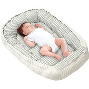 Medi Partners Riduttore Lettino Neonato - 100x60x15 Nido Antisoffoco Neonati Bozzolo Culla per Bebè neonata bilaterale Cuscino 100% Cotone Waffle (Griglia con oliva Waffle)