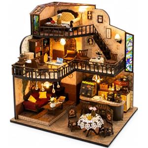 Spilay Casa in miniatura, Fortunate Encounter Cafe DIY Miniature House Kit con luce LED, scatola musicale e copertura antipolvere, puzzle in legno 3D, casa delle bambole in legno, modello regalo per