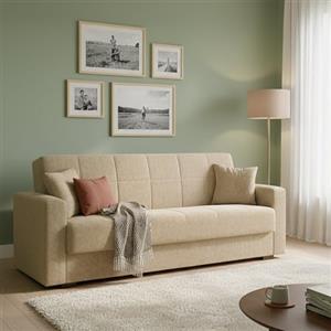 Dmora - Divano letto 3 posti Pinto, Divano letto contenitore lineare, Sofà da soggiorno in tessuto imbottito con apertura click-clack, 212x80h87 cm, Blu