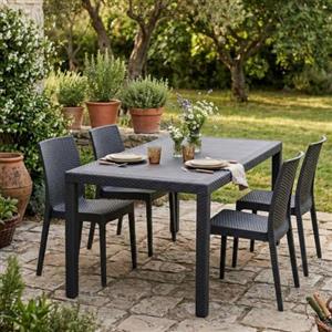 Dmora - Tavolo da esterno Portici, Ripiano rettangolare da pranzo, Tavolo da giardino multiuso effetto rattan, 100% Made in Italy, 150x90h72 cm, Antracite