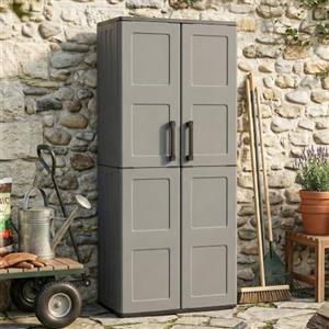 Dmora - Armadio da esterno Geel, Mobile porta scope multiuso, Armadietto outdoor 2 ante, 100% Made in Italy, Finitura quadri, 68x37h163 cm, Grigio e Nero