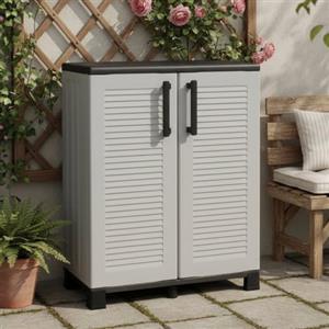 Dmora - Armadio da esterno Wavre, Armadio balcone multiuso, Mobile outdoor 2 ante, 100% Made in Italy, 68x37h90 cm, Grigio chiaro e Nero, Finitura righe