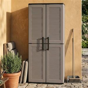 Dmora - Armadio da esterno Geel, Mobile porta scope multiuso, Armadietto outdoor 2 ante, 100% Made in Italy, Finitura righe, 68x37h163 cm, Grigio e Nero