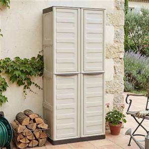 Dmora - Armadio da esterno Marchin, Mobile balcone multiuso, Armadietto outdoor 2 ante, 100% Made in Italy, Beige e Marrone, Finitura righe, 70x39h165 cm