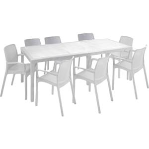 Dmora - Set Salotto da Esterno Manarola, Salottino Outdoor, Tavolo Rettangolare allungabile con 8 sedie con braccioli, Made in Italy, Bianco
