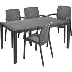 Dmora - Set Salotto da Esterno Roccaraso, Salottino Outdoor e Indoor, Tavolo Rettangolare Fisso con 4 sedie impilabili, Made in Italy, Antracite
