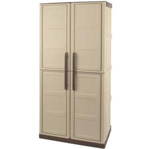 Dmora - Armadio da esterno Avelgem, Armadio balcone multiuso, Mobile porta scope 2 ante, 100% Made in Italy, 70x47h178 cm, Beige e Marrone, Finitura quadri