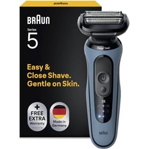Braun Rasoio Uomo Elettrico Series 5, 52-A1000s, Blu - Rasoio Elettrico Senza Fili, Rifinitore Barba con Batteria 50 Min., Impermeabile, Made in Germany, Include Cappuccio di Protezione e Spazzola di