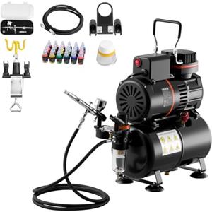 VEVOR Set Aerografo con Compressore d'Aria Serbatoio 1/6 HP, 1 Aerografo a Doppia Azione con Ugello 0,3 mm Tubo Flessibile Vernice Acrilica Ventole, Kit Aerografo per Decorazione di Pittura, Modelli