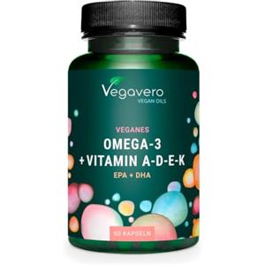 Vegavero Omega 3 VEGAN | + Vitamina D3, K2, E, A | DHA + EPA | con olio di alghe Premium Life's OMEGA Pressato a Freddo | Vitamine ADEK | 60 capsule vegane | Vegavero®