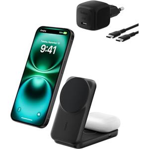 Belkin UltraCharge Caricatore Wireless Magnetico Qi2 25W 2 in 1 - Nero | Stazione MagSafe, Certificazione Qi2.2, USBC, Tecnologia di Raffreddamento per iPhone, Apple Watch, AirPods, Caricatore 45W
