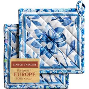Maison d' Hermine Set di presine, 100% cotone, resistenti al calore, 20 cm x 20 cm, con anello per barbecue, per maneggiare padelle calde, Primavera Estate (Summer Blues, confezione da 2)