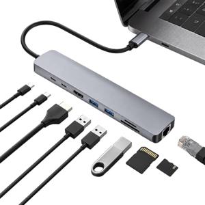 Ailah Docking Station USB C 8 in 1 Hub Adattatore Multiporta HDMI 4K, Ethernet RJ45 Gigabit, Ricarica PD 100W, 3 Porte USB Dati, Lettore SD TF, Alluminio Dock Station Compatibile con MacBook Pro Air HP