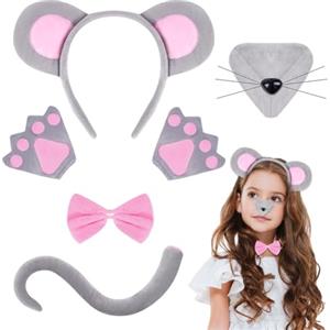 AOOWU 6 Pezzi Topo Costume Set, Costume Animale Set con Orecchie Fascia Coda Lunga Topo Cravatta Naso e Guanti, Costume da Topo per Bambino Fancy Dress Halloween Carnevale Festa Costume