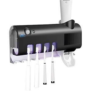 S.I.C Porta Spazzolini Bagno con Dispenser Dentifricio e Sterilizzatore a Raggi UV, Portaspazzolino con Luce Led e 4 Slot Adatti per Spazzolino Elettrico e Normale Sia Adulti che Bambini (Colore Nero)