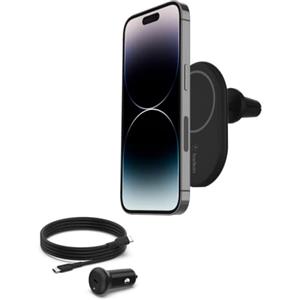Belkin BoostCharge Supporto da auto magnetico per telefono, compatibile con MagSafe, iPhone 14/14 Plus, 13, 12, Pro, Max, mini, e altri (cavo e caricabatteria wireless inclusi)
