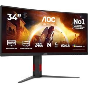AOC Gaming Monitor CU34G4Z 34 pollici Curvo 3440x1440, UW-QHD, 240Hz, Fast VA Panel, 1ms GtG, USB Hub Height Adjustment, (HDMI2x 2.1 DP 1x 1.4) HDR400, FreeSync Premium, Nero