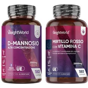 WeightWorld D Mannosio e Mirtillo Rosso Bundle, 180 + 180 Capsule, 2000mg + 25000mg | Integratore D-Mannosio ad Alta Concentrazione, Cranberry Integratore Alimentare Estratto 50:1 con Vitamina C, Prodotti Vegani