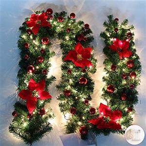 Queta Ghirlanda Natalizia con Palline, Ghirlanda di Fiori, Sfera con Luce a LED, per Porta d'ingresso, 270 cm (Rosso)