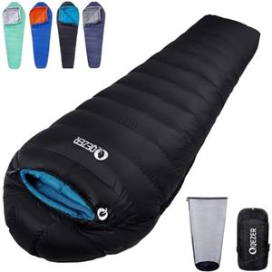 QEZER Sacco a Pelo in Piuma Invernale -8℃ da Esterno, 2.32 kg Leggero e Caldo, 4 Stagioni con Piumino di Alta Qualità 600+ FP per Campeggio(Nero -8°C)