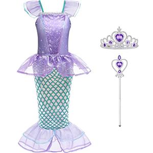 ACWOO Costume da Sirenetta per Bambina con Accessori, Vestito da Principessa Ariel per Halloween, Natale, Cosplay, Festa Compleanno
